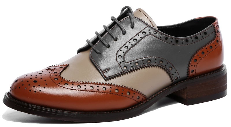 U-lite Women's Perforated Lace-up Wingtip Leather Flat Oxfords Vintage Oxford Shoes Brogues (7, Brownblue) - Image 1